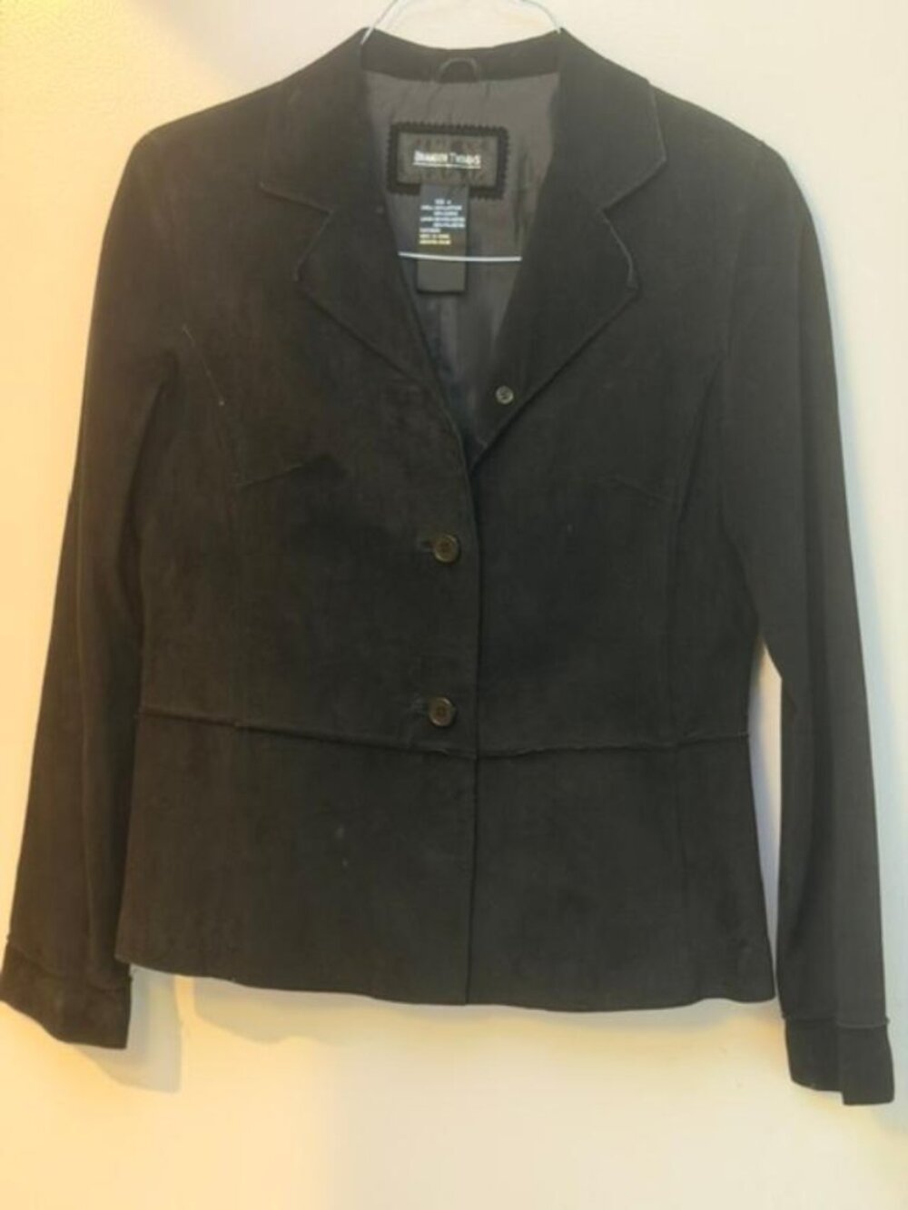 VNTG Black Genuine Suede Two Button Women's Blazer with Flair Panel Bottom